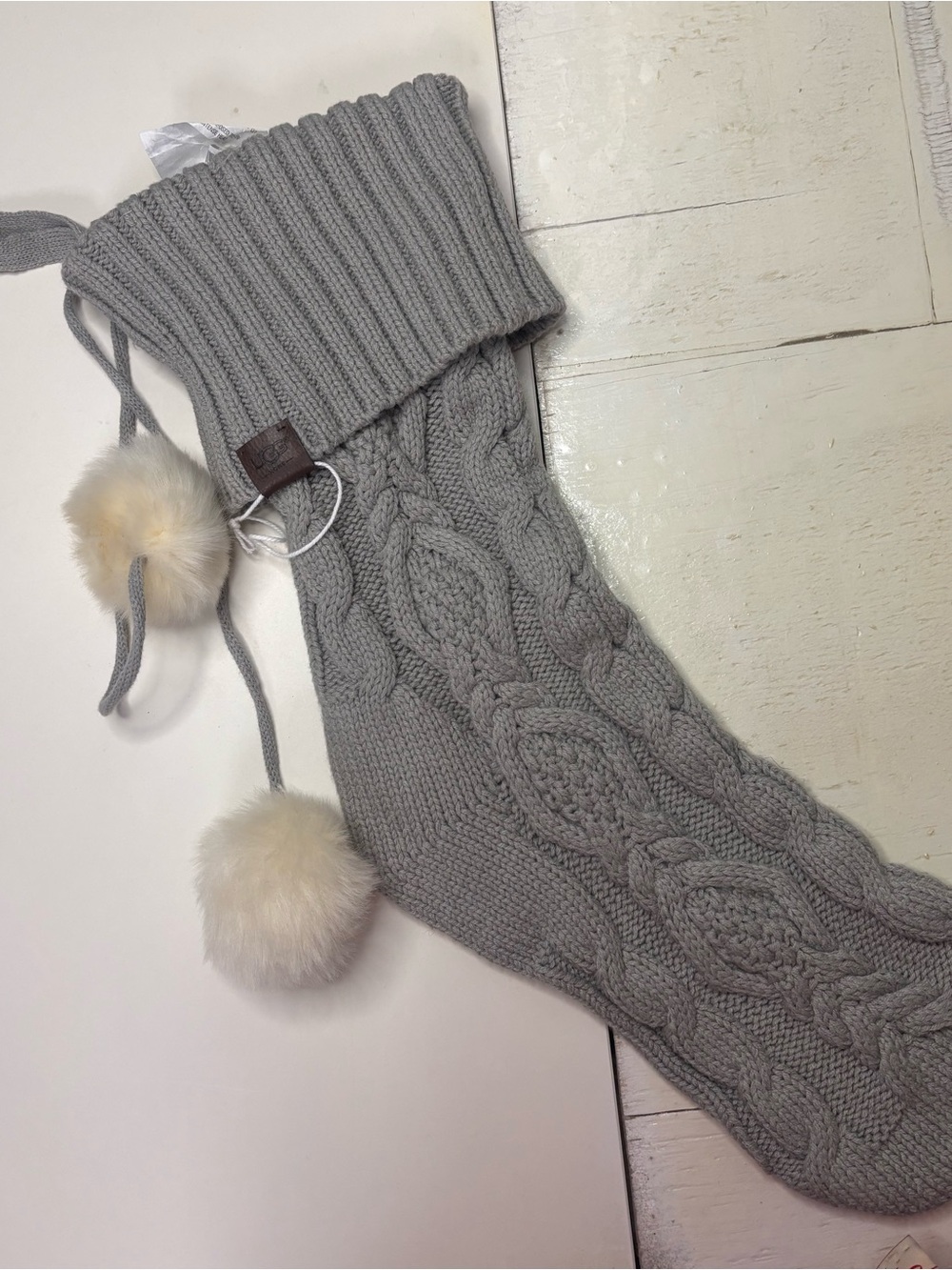 UGG Cable Knit Holiday Christmas Stocking Seal Gray with Faux Fur Pom Poms